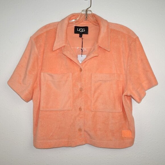 UGG Saniyah Button Down Top Women's Size L Orange Short Sleeve Terry Cloth Crop - Picture 1 of 10